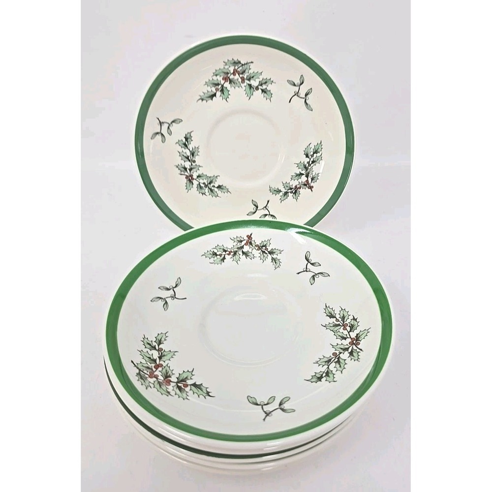 Vintage Spode England Christmas Tree 5 Saucers Green Rim No cups 3324 U28